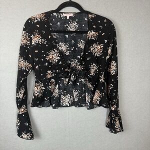 Y2K Dark Floral Whimsigoth Peplum Wrap Top Bell Sleeves Sz M Moody Festival
